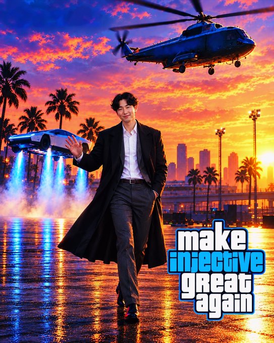 An AI-generated meme depicts a young man in a long black coat posing confidently, accompanied by a flying helicopter and hovering vehicle against a sunset backdrop, with the text "make iniective great again."