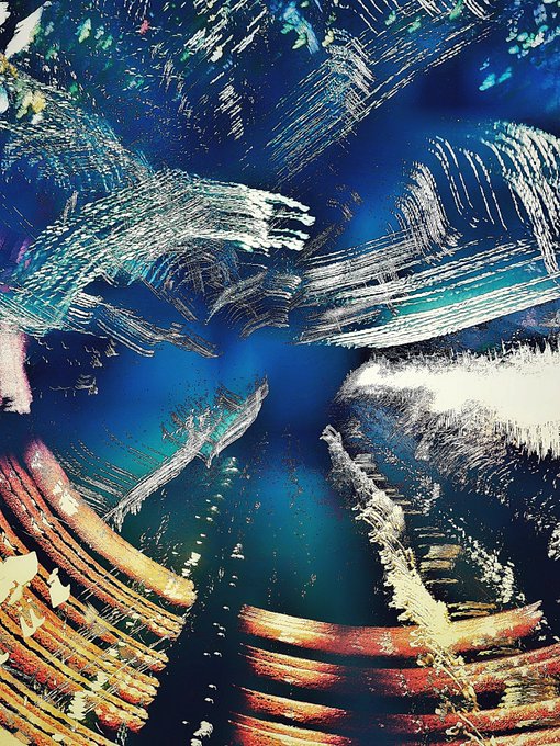 An abstract painting featuring swirling brushstrokes in shades of blue, white, and earthy orange and red tones.