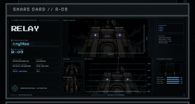 A dark futuristic technical schematic titled 'SHARE CARD // R-09' featuring the word 'RELAY' and detailed engineering diagrams of a mechanical structure.
