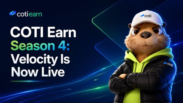 The image features a cartoon bear wearing a green jacket with its arms crossed over its chest. The bear appears to be standing against a blue background that has white lines running through it, giving it an impression of speed or motion. In the top left corner of the image, there is text that reads "COTI Earn Season 4: Velocity is Live Total Prize Pool: 20,000,000 $COTI". This suggests that the bear might be related to a COTI Earns game and has been chosen as a prize winner for its performance in the game.