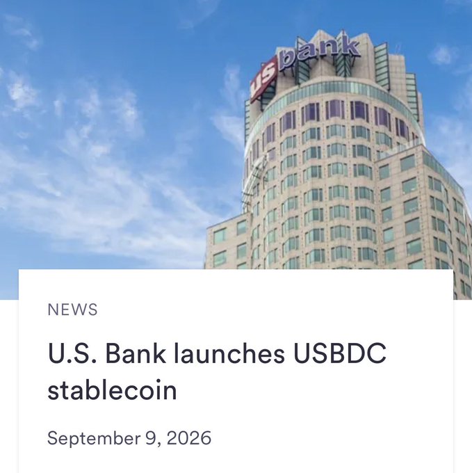 A news article graphic showing a U.S. Bank building with the headline "U.S. Bank launches USBDC stablecoin" dated September 9, 2026.