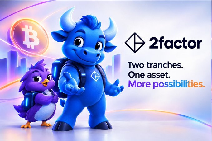 Promotional graphic for '2factor' featuring a blue cartoon bull wearing a backpack, a purple bird mascot, a Bitcoin coin, and the text 'Two tranches. One asset. More possibilities.'