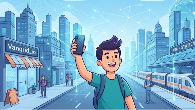 A cartoon illustration shows a smiling man holding up a smartphone in a futuristic cityscape with a shop labeled 'Vangrid_io' and a building marked 'TRAIN STATION'.