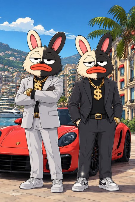 A stylized cartoon depicts two half-black, half-white rabbit characters wearing dollar-sign chains and suits, posing in front of a red sports car against a Mediterranean coastal backdrop. The image's themes of wealth, exclusivity, and crypto-style "first 999 wallets" airdrop incentives visually reinforce the post's solicitation for Solana wallet submissions to claim the $Boro airdrop.
