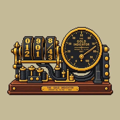A pixel art illustration of 'THE GOLD INDICATOR' featuring rotating number dials and a gauge dial, labeled with 'PATENT No. 72,142 - 1867'.