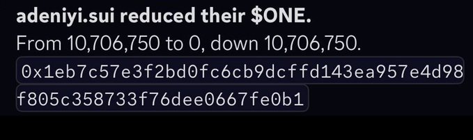 The image displays a transaction notification showing that the wallet "adeniyi.sui" reduced their $ONE holdings from 10,706,750 to 0, a decrease of 10,706,750 tokens. This visual evidence supports the accompanying post about Sui Network co-founder Eman Abio locking all his $ONE supply, illustrating the significant token reduction.