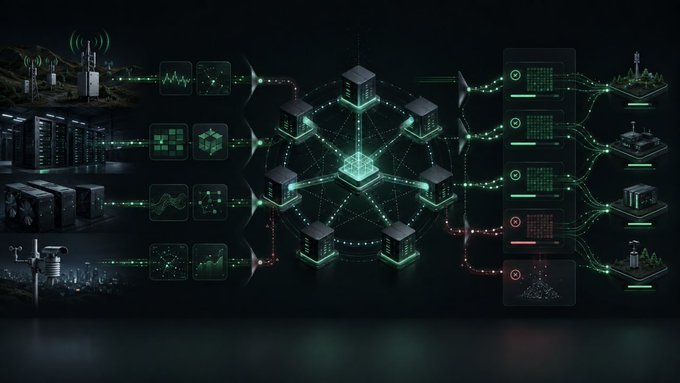 A digital visualization of a network or data center with interconnected cubes, servers, and glowing green data streams flowing between nodes on a dark background.