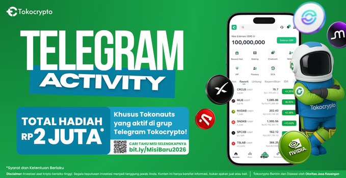 A promotional banner for Tokocrypto's "Telegram Activity" campaign offering Rp2 Juta in total prizes, featuring a smartphone showing crypto trading assets like XRP, ETH, SOL, and CSUI, alongside a green-suited astronaut mascot and QR code linking to bit.ly/MisiBaru2026, directly supporting the post's announcement of the "Misi to The Moon: Juli 2026" Quick Quest event running from June 15 to July 5, 2026.