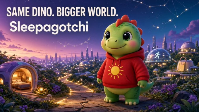 An advertisement for 'Sleepagotchi' featuring a cute green dinosaur character in a red hoodie with a sun emblem, set against a futuristic city skyline at sunset with text 'SAME DINO. BIGGER WORLD.'