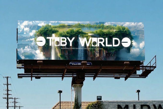 A billboard displays the text 'TOBY WORLD' alongside an image of a lush floating island with waterfalls against a clear blue sky.