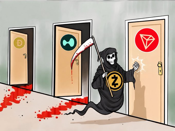 A cartoon depicting a grim reaper holding a scythe knocking on a door with a red diamond logo, with blood spilling from two other doors bearing a yellow 'D' logo (Dogecoin) and a green logo (SushiSwap).
