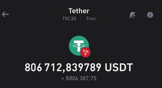 A dark cryptocurrency wallet screen for “Tether” shows the token as “TRC20 | Tron” and displays a balance of “806 712,839789 USDT,” with an approximate value of “≈ $806 387,75.”