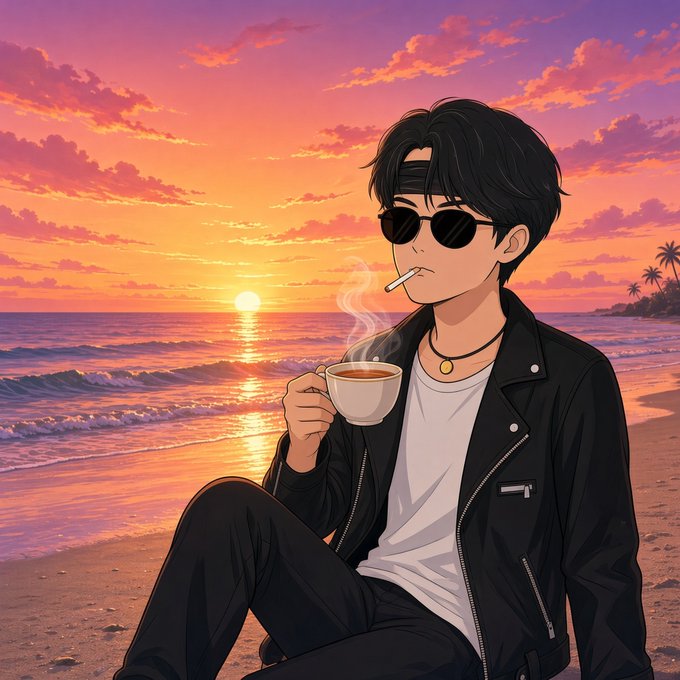 An anime-style illustration of a cool young man in a black leather jacket and sunglasses, smoking a cigarette while holding a steaming cup at a beach during sunset.