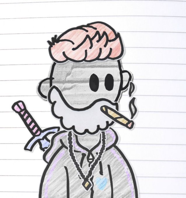 A hand-drawn cartoon character on lined notebook paper featuring a pink hair tuft, a large white beard, a cigarette, and a sword strapped to the back.