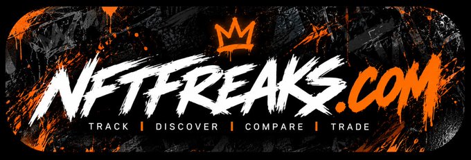 Graphic banner for 'NFTFREAKS.COM' with a crown logo and the tagline 'TRACK | DISCOVER | COMPARE | TRADE' in orange and white paint-stroke styling.