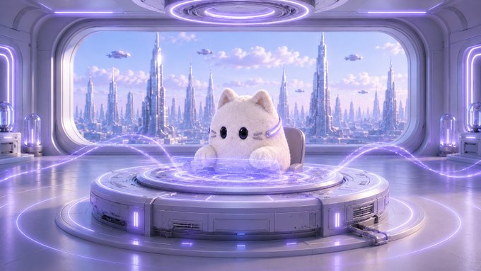 ursa, the cat from "The Hitchhiker's Guide to the Galaxy", sits on a futuristic chair in a purple spaceship interior with a city skyline view through a circular window.