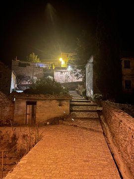 A nighttime scene shows a stone path leading up a set of stairs toward a dimly lit streetlamp and houses in the background.