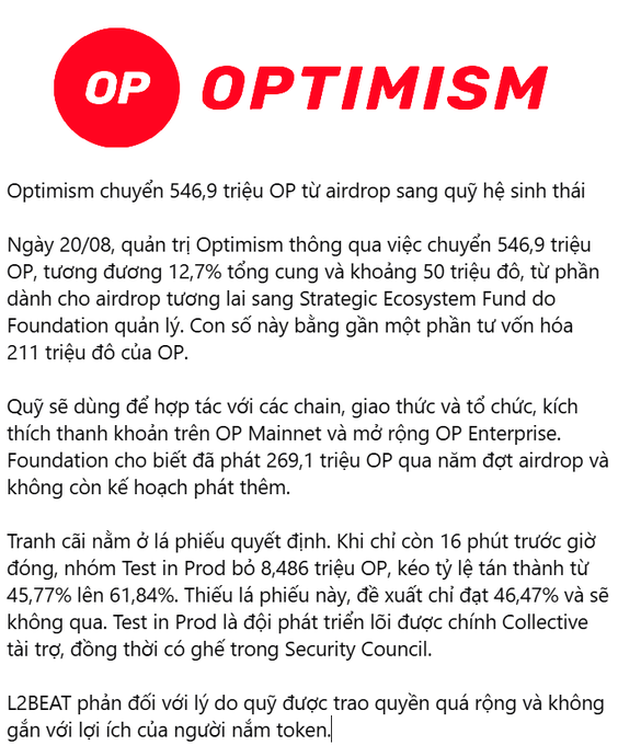 A Vietnamese-language news article about Optimism (OP) governance voting on August 20 to transfer 546.9 million OP tokens (12.7% of total supply, ~$50M) from future airdrops to the Strategic Ecosystem Fund, noting controversy over the vote and opposition from L2BEAT.