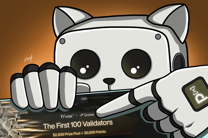 An illustrated graphic featuring a robot cat peeking over a banner that reads 'Prism x Galxe - The First 100 Validators - $2,500 Prize Pool + 35,000 Points'.