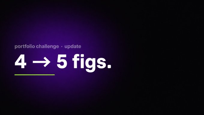 A dark purple gradient graphic displays the text "portfolio challenge · update" with "4 → 5 figs." in bold white lettering, visually representing the creator's ambitious goal of growing their 6-figure JPEG portfolio from 4 to 5 figures.