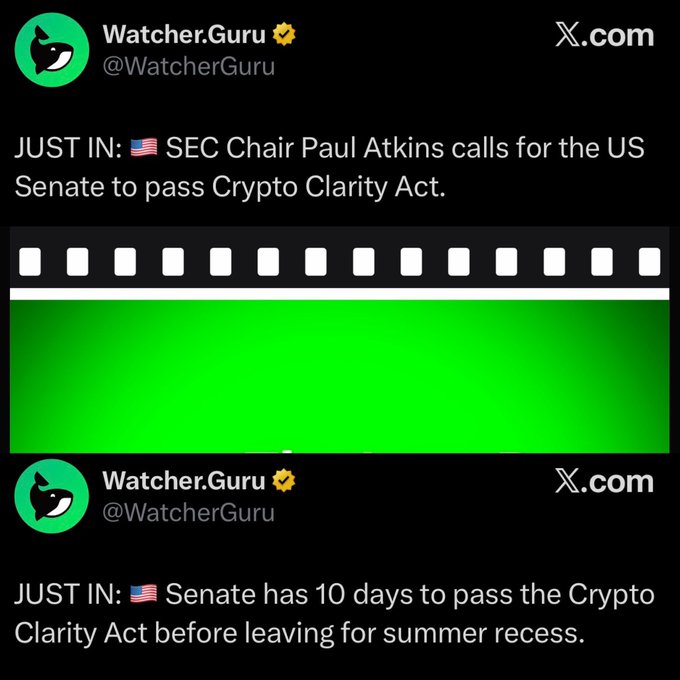 A screenshot of two X.com posts from Watcher.Guru announcing that SEC Chair Paul Atkins has called for the US Senate to pass the Crypto Clarity Act, noting that the Senate has 10 days to pass it before leaving for summer recess.