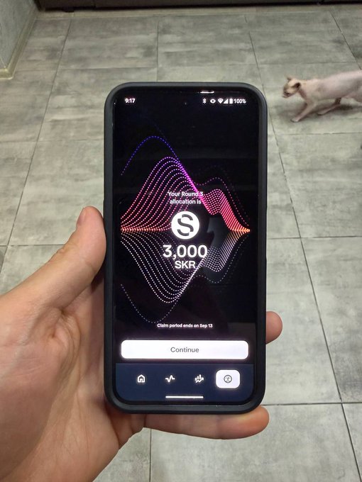 A hand holds a smartphone displaying a Solana Mobile rewards screen showing "Your Round 3 allocation is 3,000 SKR" with the claim period ending Sep 13, while a Sphynx cat walks across the tiled floor in the background, illustrating the post about earning 3,000 $SKR tokens through simple mobile activities.