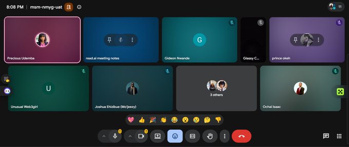 A Google Meet video conference screenshot titled 'msm-nmyg-ust' shows a grid of participants, including 'Precious Udemba', 'Gideon Nwando', and 'prince okeh'.