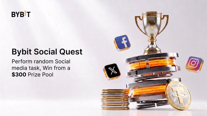 A promotional banner for the "Bybit Social Quest" featuring the Bybit logo, headline text "Perform random Social media task, Win from a $300 Prize Pool," and imagery of a gold trophy atop coins alongside Facebook, X (Twitter), and Instagram icons, illustrating the social media engagement campaign offering a $300 prize pool.