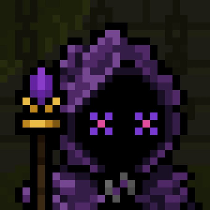 A pixel art image features a hooded figure in purple robes with pink and purple glowing eyes, holding a staff with a small yellow face on top.