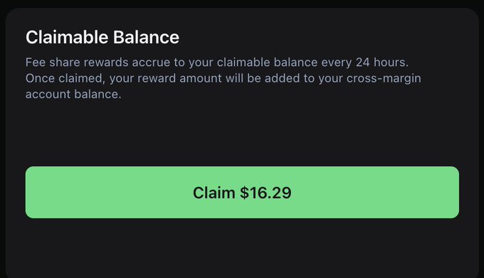 A "Claimable Balance" dashboard displaying $16.29 in fee share rewards ready to be claimed and added to the cross-margin account balance. The image shows the Phoenix.trade referral campaign interface, where traders can earn fee share rewards by holding open interest (OI) on the platform.