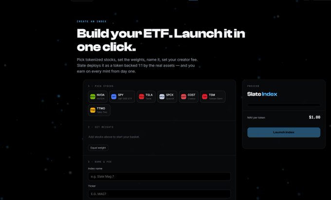 A website interface with the headline 'Build your ETF. Launch it in one click' by Slate, showing stock ticker options (NVDA, SPY, TSLA, SPGI, COST, TSM, TTWO) and a form to name an index with a 'Launch Index' button.