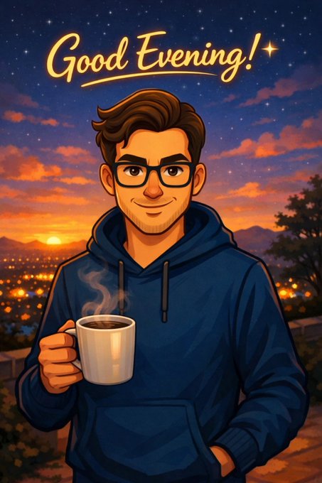 A cartoon-style illustration of a young man with glasses and a blue hoodie holding a steaming coffee mug at sunset, with the text 'Good Evening!' above him.