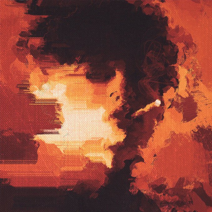 Abstract digital artwork with a fiery, textured composition in shades of red, orange, and black, with glitch-like horizontal distortions in the center.
