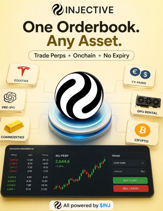 An Injective cryptocurrency advertisement with the tagline 'One Orderbook. Any Asset.', highlighting features like Trade Perps, Onchain, No Expiry, and categories including Equities, FX Pairs, Pre-IPO, GPU Rental, Commodities, and Crypto, powered by $INJ.