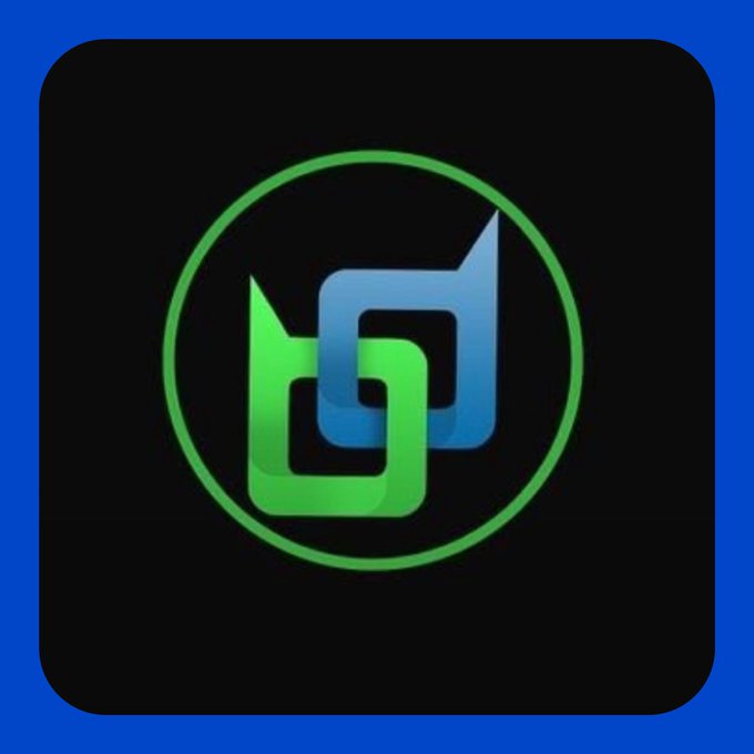 A square app icon with a blue border containing a black background with a green and blue interlinked chain logo.