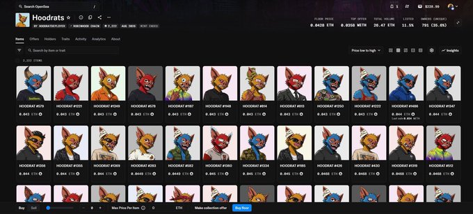 The image displays an OpenSea NFT collection page for "Hoodrats" at hoodratsonchain.eth, showing 53 items with a floor price of 0.0438 ETH, a top offer of 0.0356 WETH, and 28.5K ETH total volume. The grid features individual Hoodrat NFT profile pictures priced between 0.043-0.110 ETH, supporting the accompanying post about the Hoodrat coin's free mint availability on Robinhood.