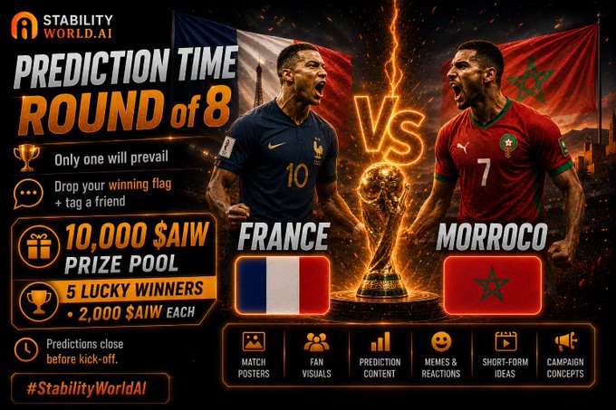A promotional graphic for "Stability World AI" featuring a "Prediction Time - Round of 8" tournament between France (Mbappé #10) and Morocco (#7) with a 10,000 $AIW prize pool to be split among 5 winners, visually mirroring the post's call to action.