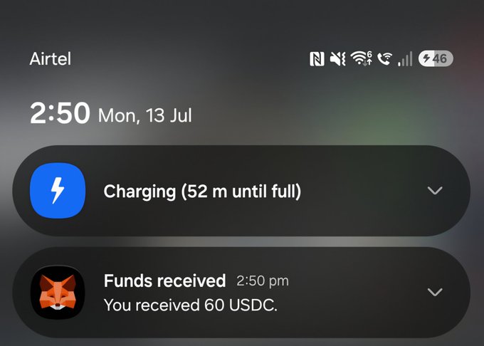 A smartphone lock screen on the Airtel network showing the time 2:50 on Mon, 13 Jul, with notifications for 'Charging (52 m until full)' and 'Funds received - You received 60 USDC' from a MetaMask fox icon.