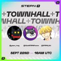 The image is a promotional graphic for a STEPN Twitter Space Townhall hosted by Steve B, featuring three cartoon avatars with the bold headline "+TOWNHALL +TOWNHALL +TOWNHALL" and event details showing "SEPT 22ND" and "10AM UTC," aligning with the accompanying post about the upcoming discussion covering STEPNEMBER5, Marathon Season 3, Polygon updates, and new badges.