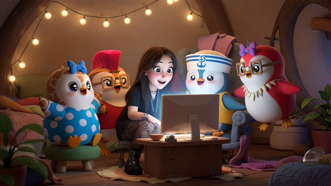 A cozy animated scene of a girl watching TV with four anthropomorphic penguin/bird characters in a warmly lit room decorated with string lights.