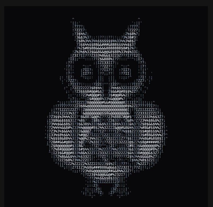 ASCII art portrait of a bearded figure with glasses rendered in white characters on a black background.