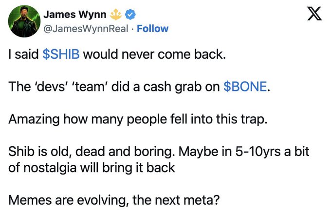 A screenshot of a tweet from James Wynn (@JamesWynnReal) declaring "$SHIB would never come back," criticizing the "$BONE" ecosystem as a developer cash grab, and calling Shiba Inu "old, dead and boring," aligning with the accompanying post about his controversial take amid massive $SHIB exchange inflows.
