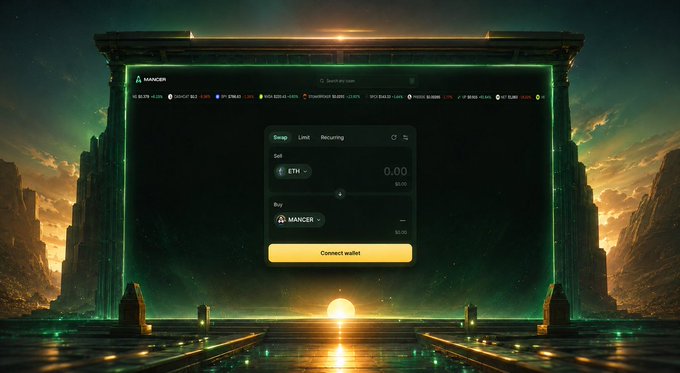 A dark-themed cryptocurrency trading interface for 'MANCER' on what appears to be a large futuristic display, showing ETH swap options and a 'Connect wallet' button.
