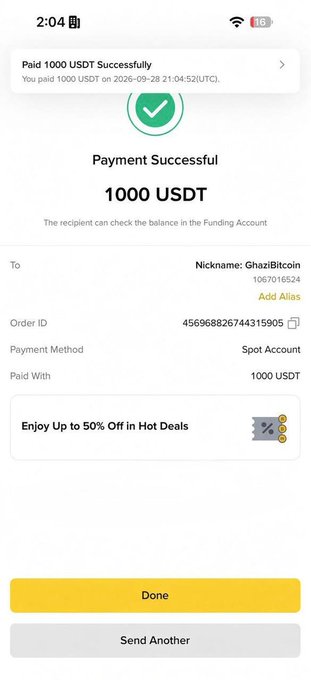 A mobile app screenshot showing a successful payment of 1000 USDT to nickname GhaziBitcoin via Spot Account, with options to 'Done' or 'Send Another'.