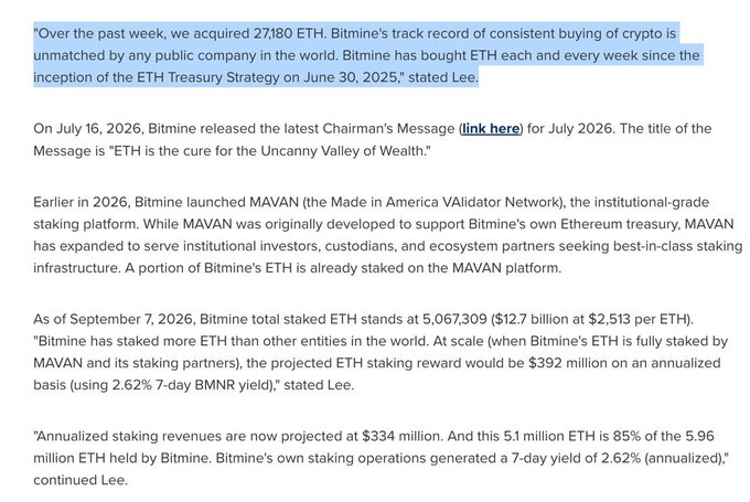 A text excerpt discusses Bitmine's cryptocurrency strategy, highlighting their acquisition of 27,180 ETH and their staking of 5,067,309 ETH ($12.7 billion at $2,513 per ETH) generating projected annualized revenues of $334 million.