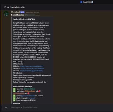 A Discord message in the #whitelist-raffle channel announces a 3rd batch of Script Kiddies winners, listing ten BNB wallet addresses eligible to mint.