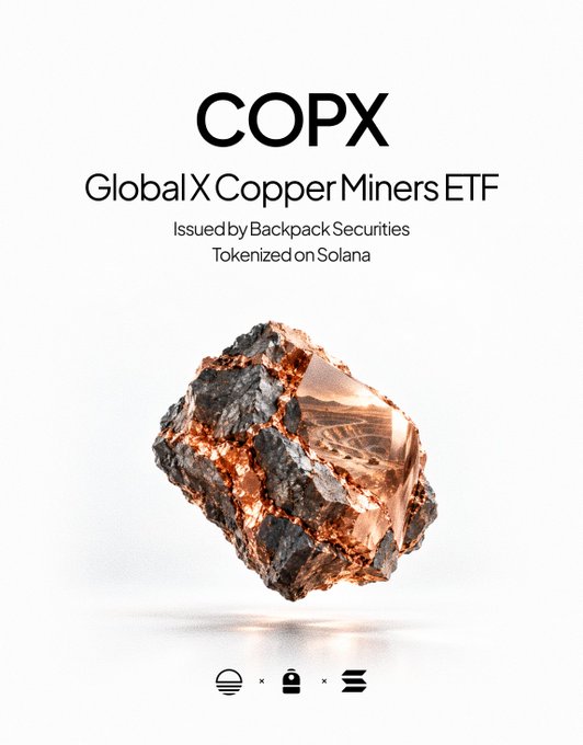 Promotional graphic for the tokenized COPX (Global X Copper Miners ETF), issued by Backpack Securities on Solana via Sunrise, featuring a large copper-colored mineral specimen against a white background with partner logos at the bottom.
