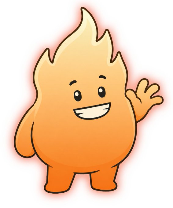A cute cartoon illustration of an orange flame character with a smiling face waving its hand.