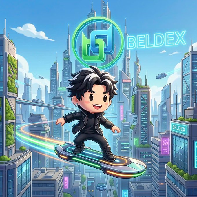 A digital illustration of a chibi-style cartoon character riding a futuristic hoverboard above a cyberpunk cityscape with the BELDEX logo prominently displayed.