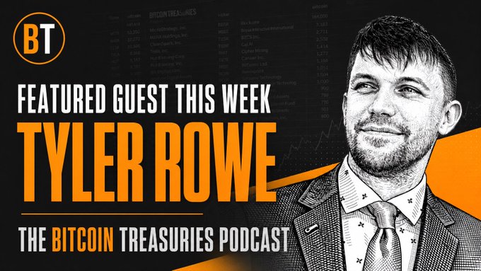 Podcast promotional graphic for 'The Bitcoin Treasuries Podcast' featuring guest Tyler Rowe.